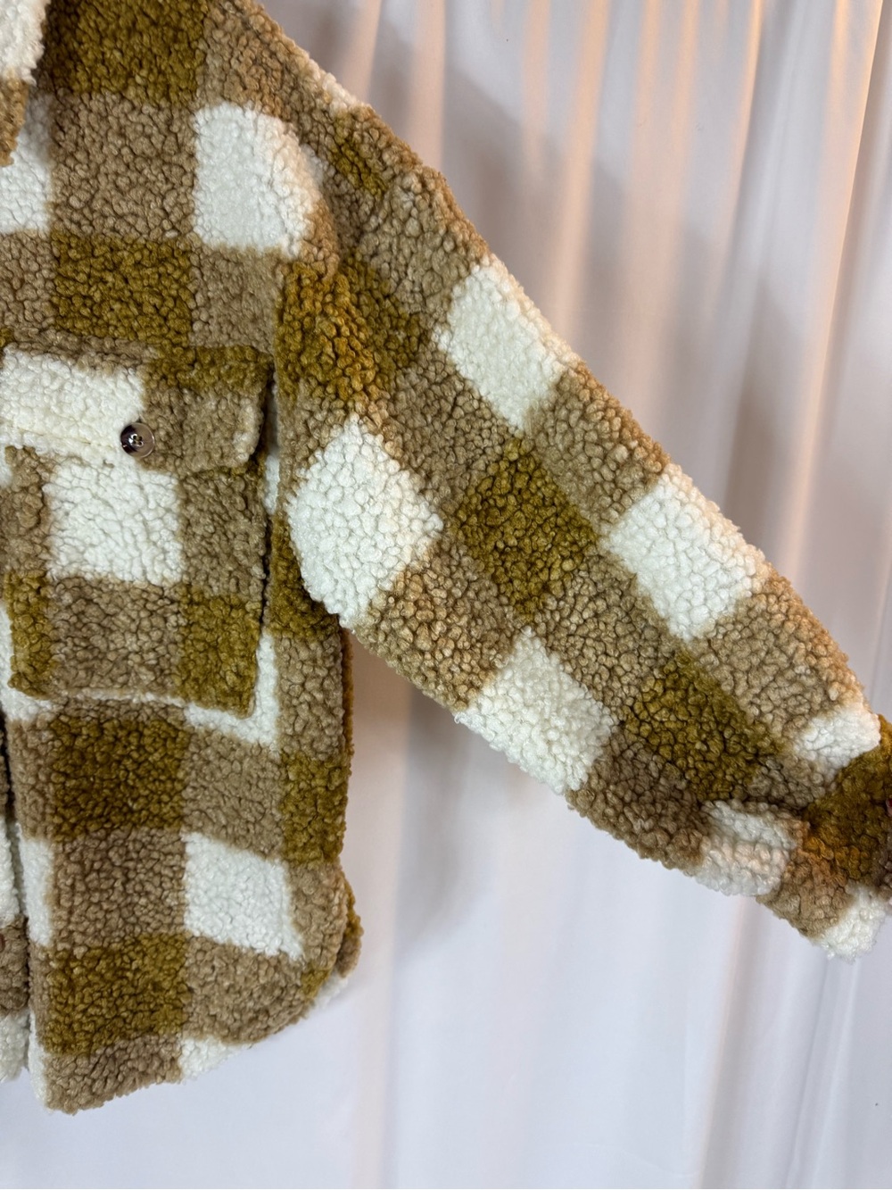 Shop Stevie Plaid Teddy Shacket in white & Tan size: S - Picture 6 of 14